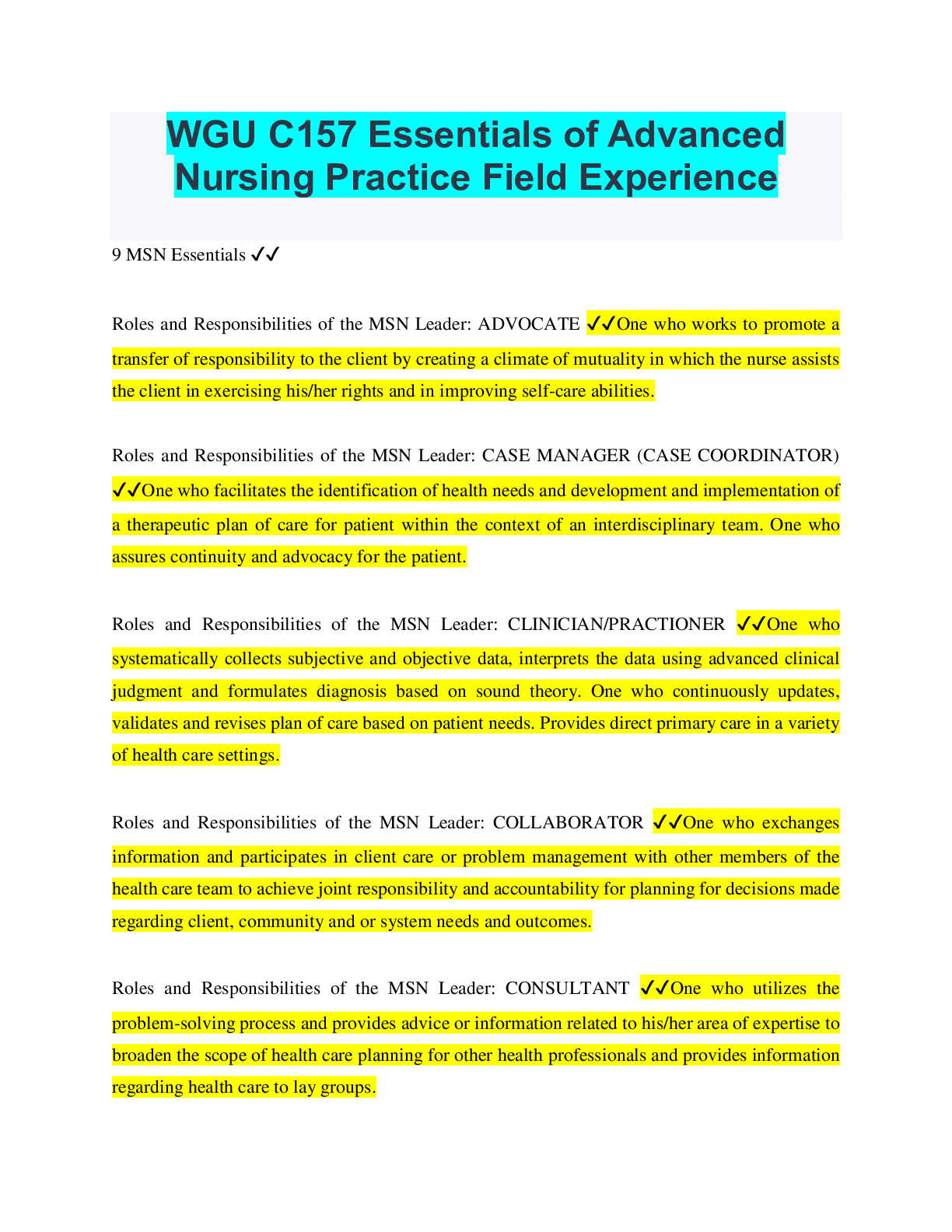 Preview of WGU C157 Essentials of Advanced Nursing Practice Field Experience
